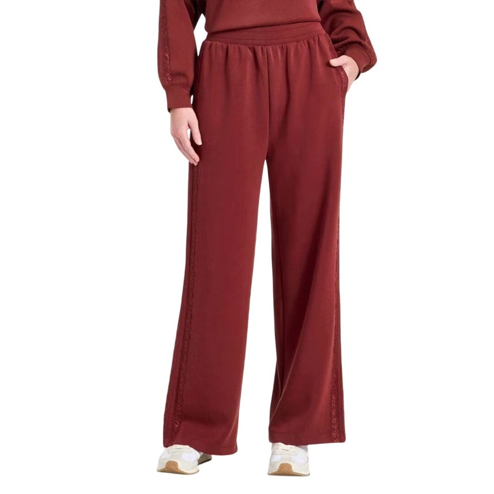 All in Motion Womens Burgundy Airy Sleek High Rise Lace Detail Track Pant Size L